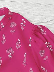 Linhara Plus Size Women Floral Print Notch V-Neck Puff Sleeve Casual Blouse,Valentine - Hot Pink - View 5