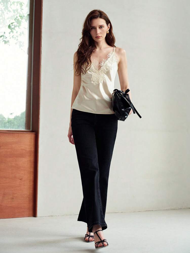 WOMEN'S SOLID COLOR CONTRAST LACE CAMISOLE TOP, SPRING/SUMMER