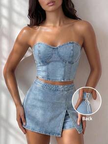SHEIN Glamour Top corto de mezclilla sin tirantes para mujer - Azul - Ver 8