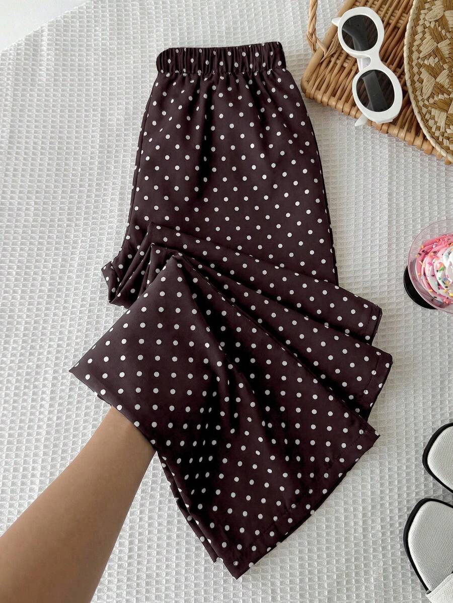 SHEIN Quần ống rộng chấm bi thắt dây eo cho bé gái tuổi teen, phong cách thường ngày đa năng, mặc hàng ngày, Ngày của Mẹ, Lễ tốt nghiệp, phù hợp mùa xuân & mùa hè, đi chơi, du lịch, nghỉ lễ, phong cách thời trang, mặc thường ngày, kiểu mới, về quê, phong cách thư giãn, tựu trường - màu nâu - Xem 1