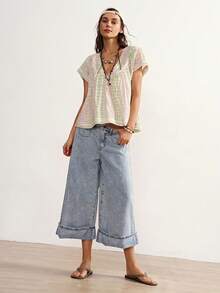 Bohemela Casual Boho Woven Plaid Women's Shirt Vacation Pink And White Striped Summer - Multicolor - View 3
