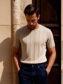 Officeau Men's Solid Color Short Sleeve Knit Vertical Striped Crew Neck Top - Apricot - View 6