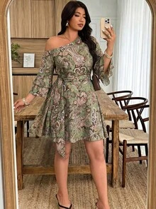 Weeklong Plus Size Women's Spring/Summer Asymmetric Neckline Cold Shoulder Bohemian Print Ruffle Sleeve Button-Up Waist Belt Tie A-Line Short Dress - Multicolor - View 5
