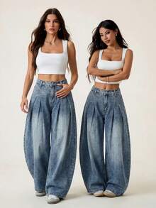SHEIN PETITE Pantalon en jean à taille haute et jambes larges pour femmes PETITE, pantalon décontracté pour tous les jours & streetwear d'été pour femmes - Jean bleu - Voir 7