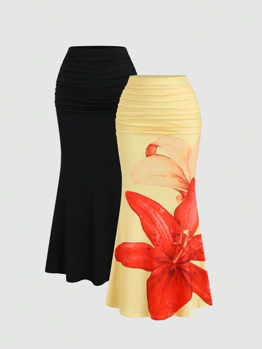 Sweetra Elegant Classy Party Vacation Women's Solid Color Mermaid Skirt And Floral Print Skirt 2pcs Set Black Yellow Autumn - Multicolor - View 1