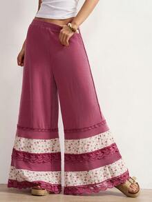 Bohemela Pantalones casuales holgados con estampado floral pequeño y ribete de encaje en contraste para mujer - Rojo - Ver 2