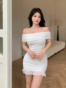 Modelyn White Chiffon Ruffle Hem Off-Shoulder Elegant Summer Dress For Women - White - View 3