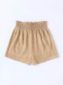 SHEIN Teen Girls Black Woven Textured Jacquard Bubble Check High Waist Shirred Drawstring Loose Vacation Street Holiday Casual Versatile Minimalist Shorts - Khaki - View 2