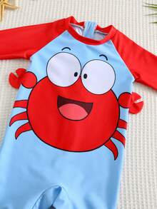SHEIN Baby Boy Cute Crab Pattern Long Sleeve Rash Guard Swimsuit,Light Blue,Summer,Cute,Vacation,Holiday Contrast Color Striped Bathing Suit For Toddler - Multicolor - View 6