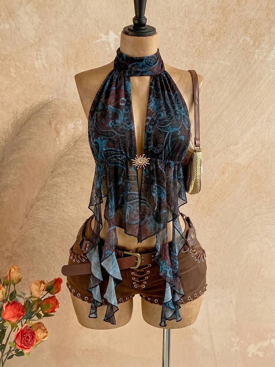 Soleia Women's Summer Sexy Beach Vacation Style Paisley Print Metal Decor Backless Tie Halter Top - Coffee Brown - View 1