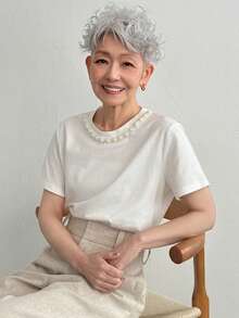 FRIFUL 女士纯色短袖圆领串珠装饰宽松休闲百搭T恤，夏季 - 白色 - 查看 6