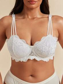 SHEIN BAE CURVE Plus Floral Lace Scallop Trim Underwire Bra Lingerie, Lift - White - View 6