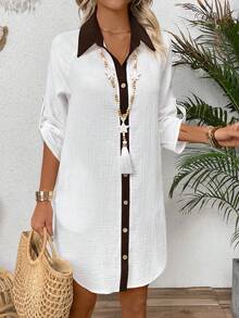 Zayélia Đầm sơ mi nữ phối màu phong cách casual đi làm đi chơi mùa xuân/hè mới - trắng - Xem 8