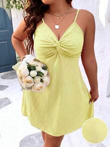 SHEIN Clasi Plus Size V-Neck Criss-Cross Twist Wrap A-Line Cami Dress Casual Outing Vacation Knee-Length Dress - Pale Yellow - View 4