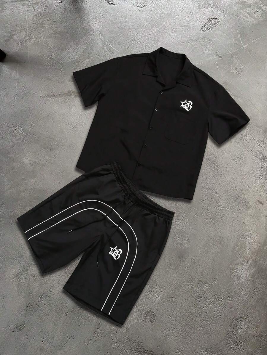 PAVTROS Men's Casual Star Print Short Sleeve Shirt And Shorts Set, Summer - Black - View 1