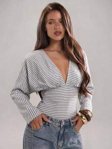 SHEIN BAE Women's Deep V-Neck Striped Ruched Fitted Versatile Casual Top - Grey - View 1