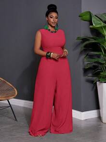 Slaydiva Early Summer Sleeveless Solid Color Plus Size Jumpsuit For Women Evening Pink Elegant - Hot Pink - View 5