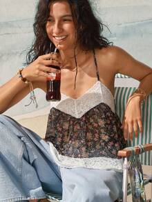 SoleilVie Women's Elegant Cottagecore Vacation Casual Boho Floral Lace Patchwork Camisole Beach Brunch White Floral Summer - Black - View 4
