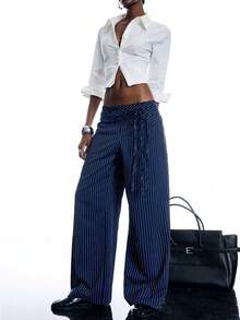 LYSMO Pantalones de traje casual de mujer con rayas y lazo, adecuados para uso diario en la oficina - Blanco y Negro - Ver 6