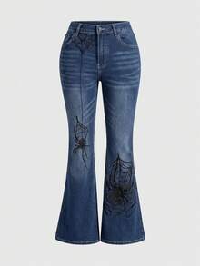 ROMWE Vintage Dark Gothic Spider Web Pattern Embroidered Plus Size Jeans - Blue - View 1