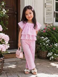 SHEIN Genkimix Kids 2件套女童可爱甜美雏菊印花方领泡泡袖上衣+优雅休闲阔腿裤套装 - 粉色 - 查看 2