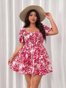 Flirla Đầm rộng rãi, thoải mái, in hoa dành cho nữ cỡ lớn, có nếp nhăn, thích hợp cho kỳ nghỉ. - Màu hồng gỉ - Xem 5
