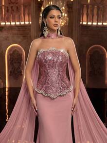 Glamrae Top bustier elegante y lujoso con cuentas, lentejuelas y flores, con escote asimétrico novedoso, adornos de perlas blancas 3D hechos a mano pesados, falda de sirena de punto elástico alto (incluye capa desmontable sin tirantes), adecuado para bodas, despedidas de soltera, vacaciones, bailes de graduación, galas nocturnas - Rosa vieja - Ver 4