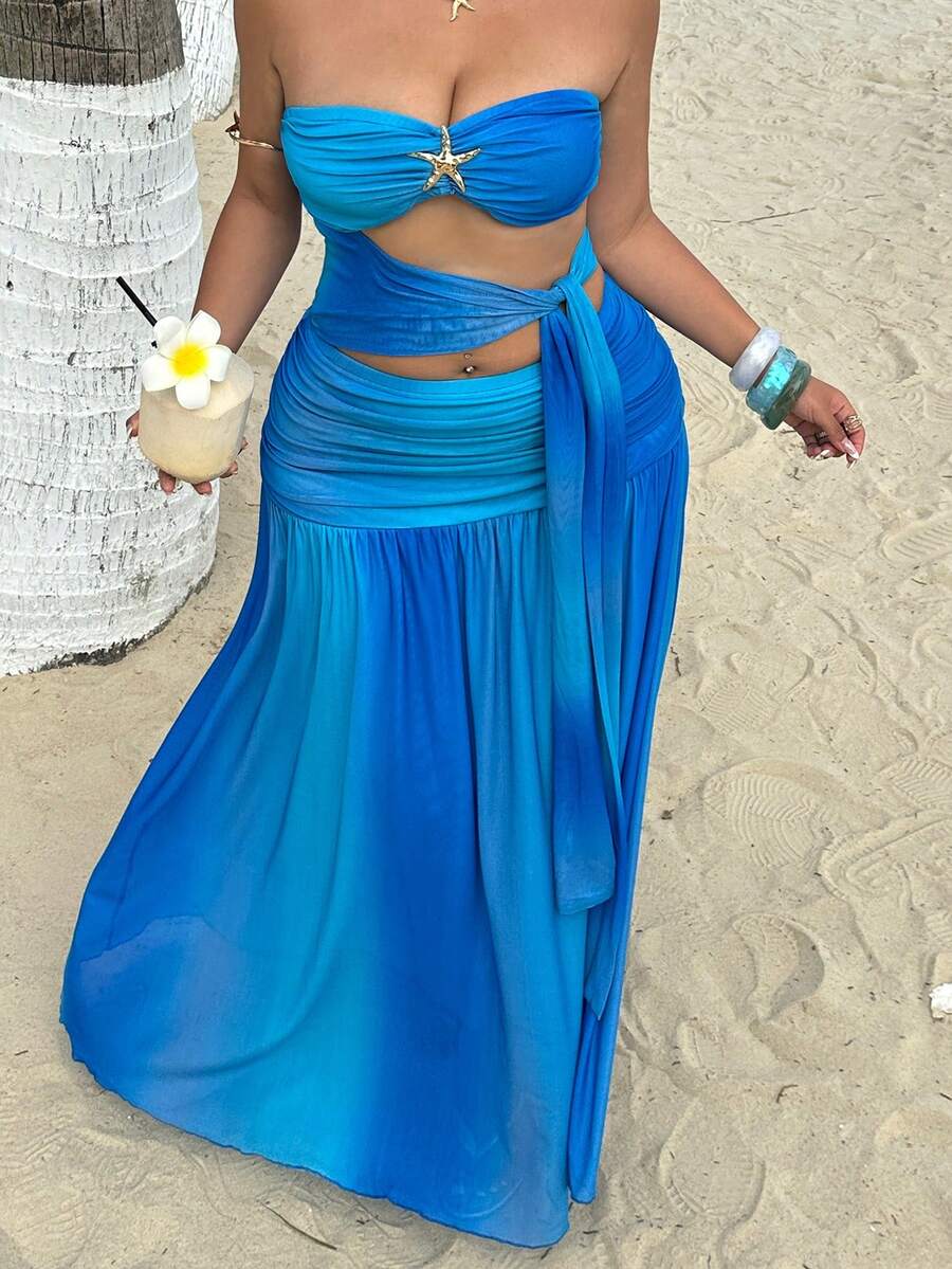Sunnyshic Gradient Print Mesh Cutout Waist Dress For Beach - Blue - View 1