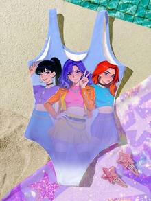 Baju Renang Terusan Minimalis Kasual untuk Anak Perempuan, Motif Kartun Girl Band, Cocok untuk Musim Panas - MultiWarna - View 4