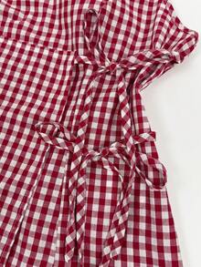 Sweetra Plus Size Women Red And White Plaid Sleeveless Tie-Front Design Waist-Cinching Slimming Fit Minimalist Kawaii Fashionable Round Neck Blouse Summer - Red and White - View 6
