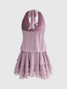 Sweetness Flowy Layered Seaweed Print Vacation Front Tie Boho Chiffon Mini Dress For Women - Purple - View 2