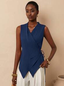 Vesra Camisa asimétrica de unicolor de verano para mujer - Azul Marino - Ver 3