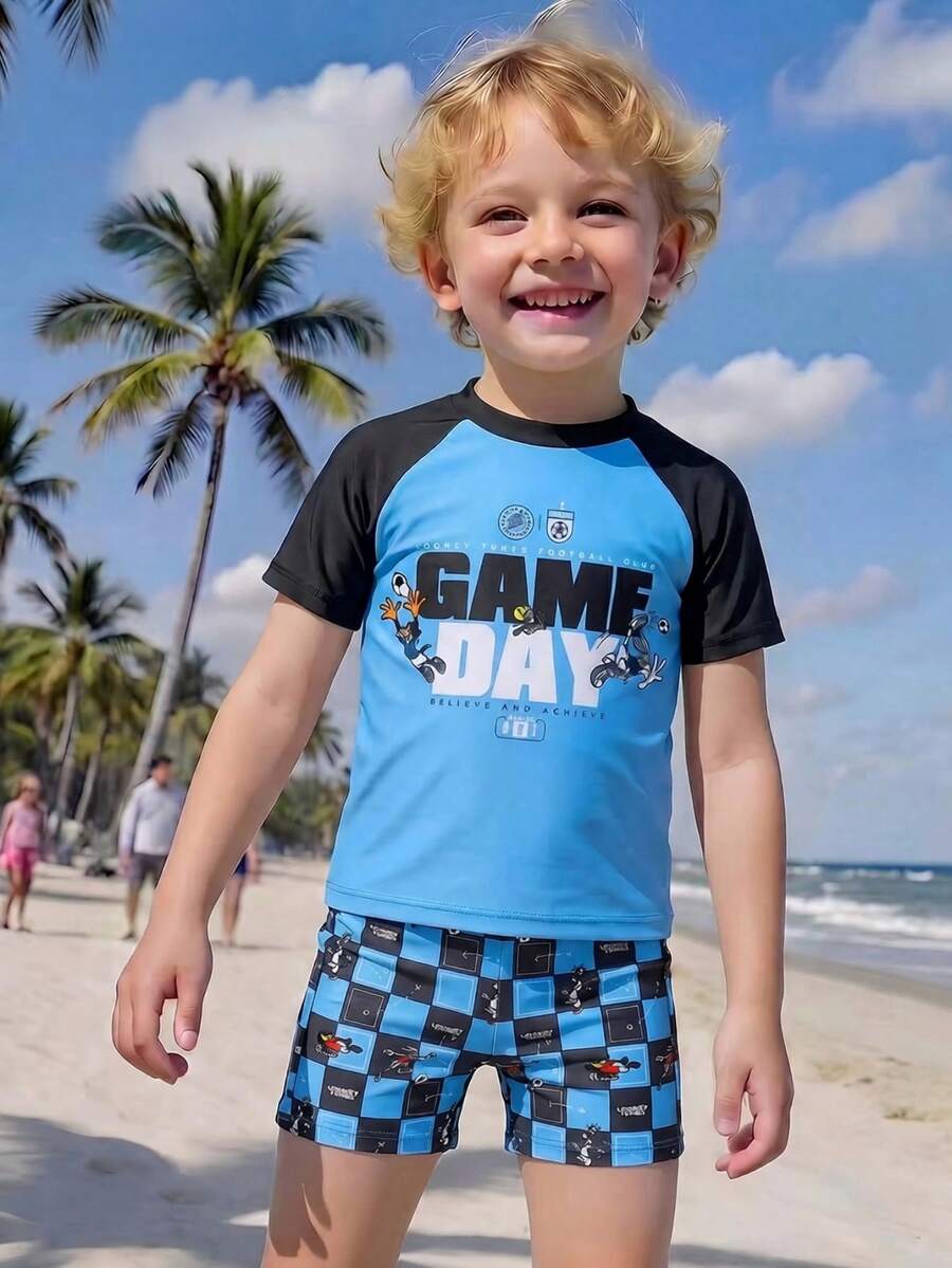 LOONEY TUNES X SHEIN GraphicGems Young Boy Letter & Cartoon Print Contrast Color Short Sleeve Top And Checkered Print Swim Trunks Set - Multicolor - View 1