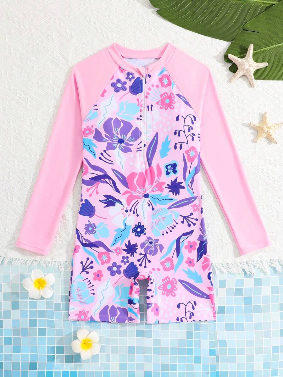 SHEIN 青少年女孩一件式泳衣,可愛女孩海灘度假紫色熱帶花卉印花針織面料長袖防曬拉鍊設計連身褲平底時尚休閒精緻優雅女士適用於游泳、夏季度假、夏季海灘、海邊、泳池、游泳池、夏季假期派對、休閒度假 - 淺粉色 - 查看 1