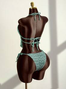 Zestiva Women's Sage Green Textured Fabric Beaded Bikini Set, Summer Vacation Casual Tropical Beach Party Outfit - Green - View 2