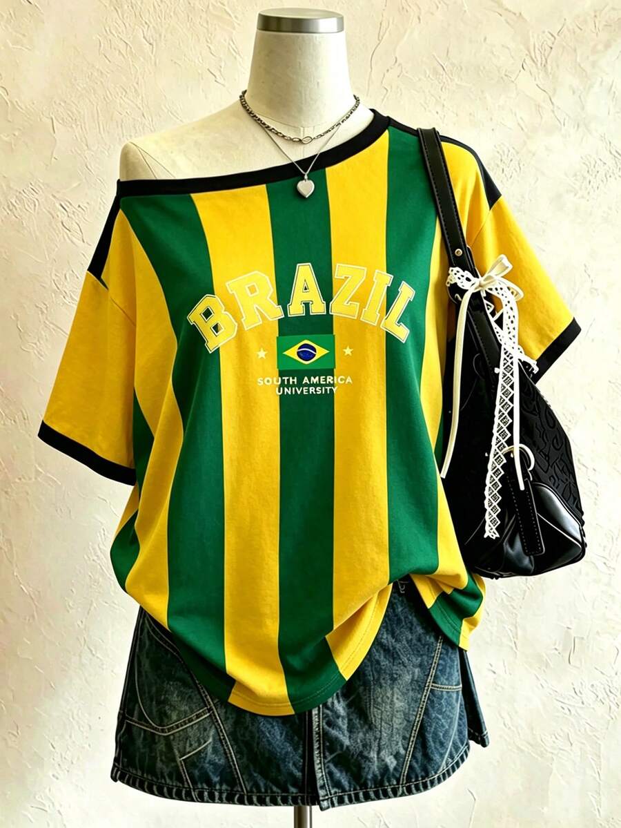 Lalippa Áo thun nữ in kỹ thuật số sọc cờ Brazil, dáng rộng thoải mái, cổ tròn trễ vai, phù hợp mặc hàng ngày và nhiều dịp khác nhau - Nhiều màu - Xem 1