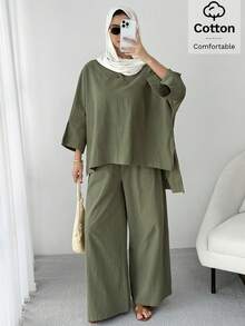 Solavon Women's Loose Fit Cotton Two Pieces Outfit Comfortable Wide Leg Pants And Tunic Top Modest Set - Army Green - View 2