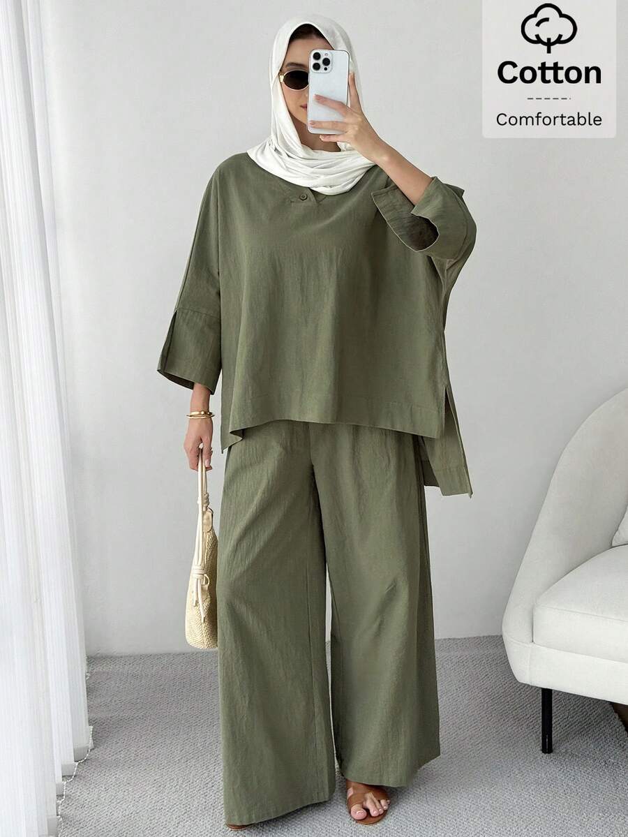 Solavon Women's Loose Fit Cotton Two Pieces Outfit Comfortable Wide Leg Pants And Tunic Top Modest Set