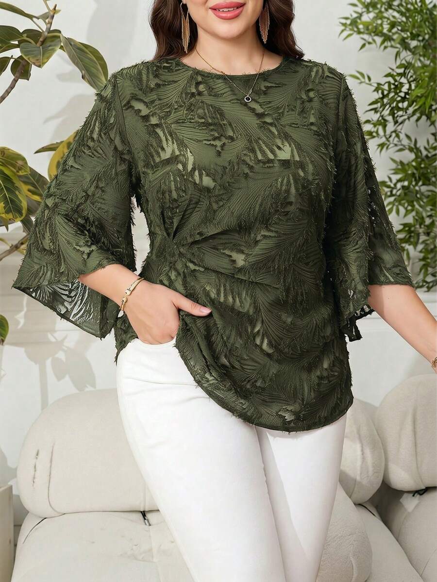 Reflora 大尺碼女款刺繡百褶時尚度假襯衫 - 軍綠色 - 查看 1