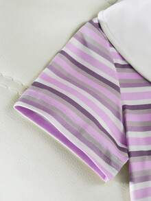 SHEIN Back-To-School 2pcs/Set Girls' Knit Pink White Coffee Striped Short Sleeve Shirt Collar Pullover T-Shirt,Knit Wide Leg Long Pants Set,American Casual - Purple - View 9