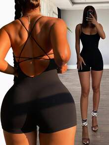 SHEIN SXY 黑色性感露背紧身连体裤 - 黑色 - 查看 5