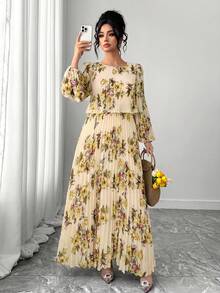 Elenzga Plus Size Spring/Summer Versatile Pleated Long Sleeve Woven Casual A-Line Dress Fall - Apricot - View 2