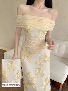 Modelyn Apricot Embroidered Contrast Mesh Off Shoulder Pleated Elegant Fashionable Date Night Midi Dress For Women - Apricot - View 4