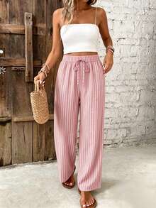 SHEIN Frenchy Quần dài nữ ống rộng dáng suông, eo dây rút, họa tiết kẻ sọc phối màu, phong cách thường ngày đi du lịch - Hồng - Xem 4