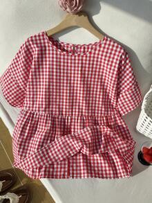 Comfortcana Plus Size Women's Summer Casual Vacation Style Print Babydoll Top - Red - View 6
