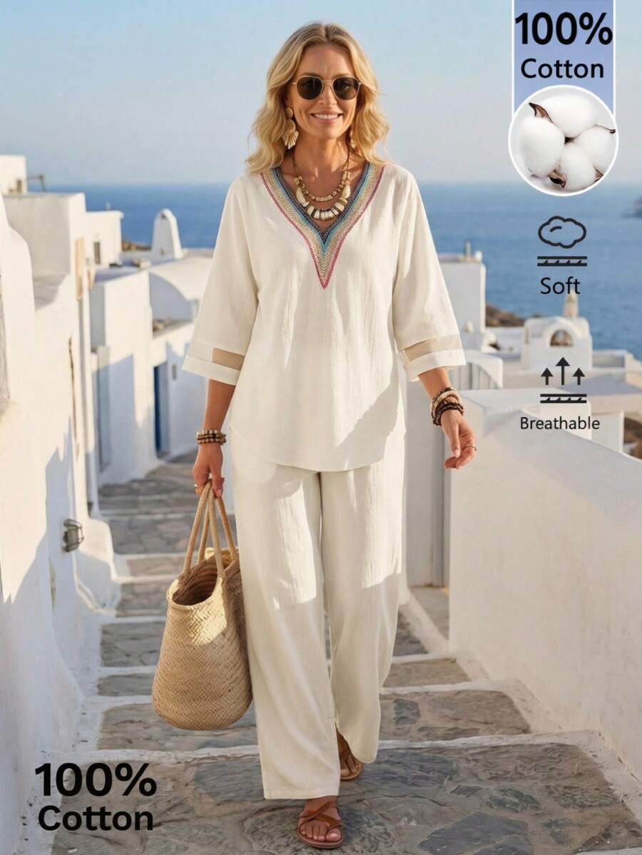 EMERY ROSE Women's Summer Long Sleeve Shirt And Wide Leg Pants Set Vacation Off-White Casual - Apricot - View 1
