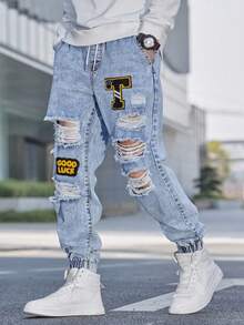 Manfinity Roughcore Men Cotton Letter Patched Ripped Jogger Jeans,Slim Fit Aqua Blue Acid Wash Cargo Jeans,Summer Streetwear For City Break,Husband Boyfriend Gifts - Light Wash - View 7