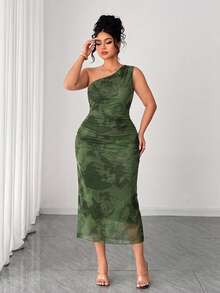Elenzga Plus Size Mesh Printed One Shoulder Dress - Army Green - View 6