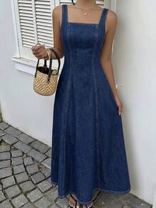 SHEIN Tall 女款方領無袖牛仔長洋裝，休閒夏季海灘度假優雅穿搭，時尚收腰細肩帶裙，適合高個女性 - 深色水洗藍 - 查看 6