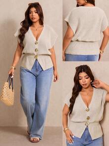 Elaquor Áo khoác cardigan mùa hè dáng rộng, cài kim loại, cổ chữ V, tay cánh dơi - Màu Khaki - Xem 1